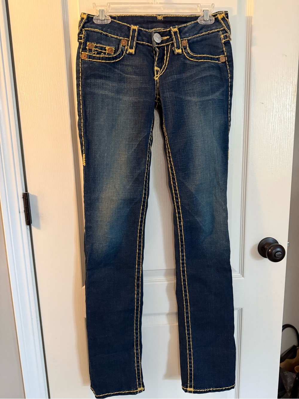 True Religion Johnny Super T Dark Blue Jeans with Yellow Stitching